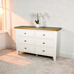 Oak Furniture: Tasmania 6 Drawer Oak Top Lowboy
