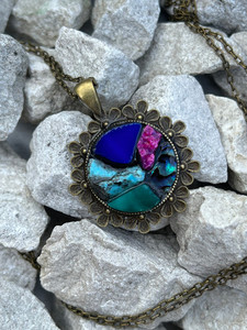 Products: Round antique bronze stained glass, paua and turquoise necklace-vintage setting3 Mainlymosaics