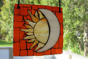 Products: Orange sun and moon stained glass mosaic suncatcher Mainlymosaics