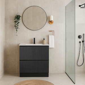 VERTO MOSCO 750MM PLYWOOD FLOOR STANDING VANITY - MATT BLACK, FLUTED FRONT