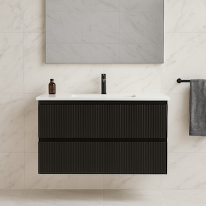 VERTO MOSCO 750MM PLYWOOD WALL HUNG VANITY - MATT BLACK, FLUTED FRONT