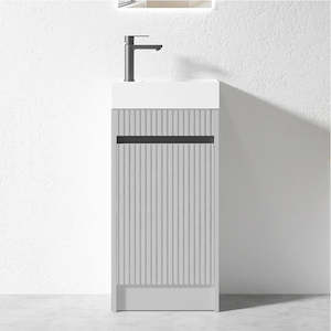 400MM FLUTED GREY PLYWOOD FLOORSTANDING VANITY WITH CERAMIC TOP