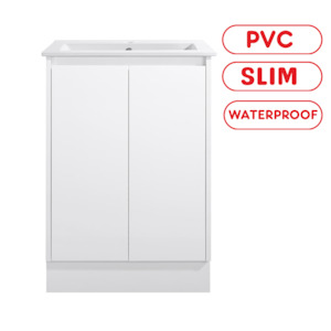 600MM SLIM PVC WHITE FLOORSTANDING VANITY 100% WATERPROOF WITH CERAMIC TOP
