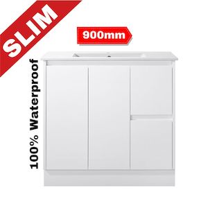 900MM SLIM PVC GLOSS WHITE VANITY 100% WATERPROOF FLOORSTANDING WITH CERAMIC TOP