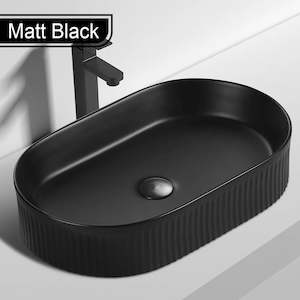 Basins: FLUTED OVAL CERAMIC BASIN - 580X360MM - MATT BLACK
