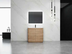 Vanities: 750MM BROOK CURVED FLOORSTANDING VANITY | HONEY OAK