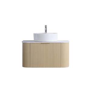 Vanities: 900MM CURVED FLUTED WALL HUNG VANITY| LIGHT BROWN OAK