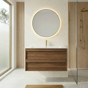 Vanities: ASPEN WALNUT WALL HUNG VANITY 900MM | 2 DRAWERS, PLYWOOD FLOATING VANITY NZ