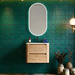 Vanities: 600MM BROOKLYN CURVED WALL HUNG VANITY | HONEY OAK