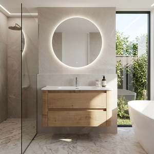 900MM BROOKLYN CURVED WALL HUNG VANITY | HONEY OAK