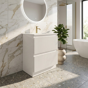 Vanities: 600MM SLIM FLUTED WHITE FLOORSTANDING BATHROOM VANITY UNIT WITH BASIN