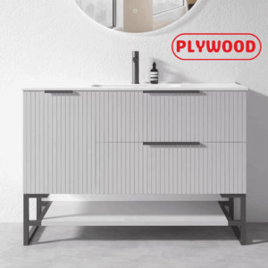 Vanities: 1200MM FLUTED GREY PLYWOOD FLOORSTANDING VANITY WITH SINGLE BASIN CERAMIC TOP