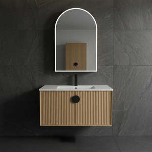 Vanities: EVELYN 900MM FLUTED WALL HUNG OAK BATHROOM VANITY WITH CERAMIC BASIN