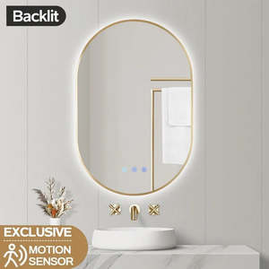 Products: OVAL BACKLIT LED MIRROR 600X900MM WITH MOTION SENSOR | BRUSHED BRASS FRAME | DEFOGGER | 3 COLOURS LIGHTS