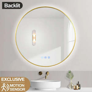 Products: 700MM ROUND BACKLIT LED MIRROR WITH MOTION SENSOR & BRUSHED BRASS FRAME | DEFOGGER | 3 COLOUR LIGHTS