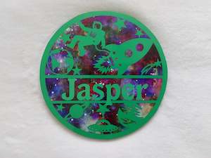 Round Name Plaques Made To Order In Any Name: Space themed name plaque - Made to order in any name.