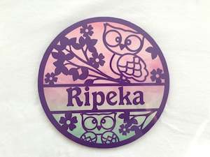 Round Name Plaques Made To Order In Any Name: Owl themed name plaque - Made to order in any name.