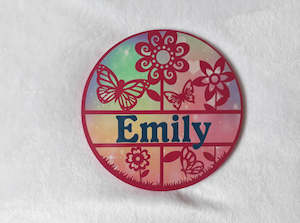 Round Name Plaques Made To Order In Any Name: Flower themed name plaque - Made to order in any name.
