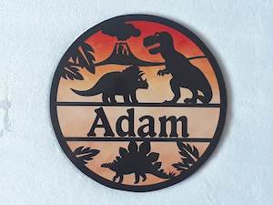 Round Name Plaques Made To Order In Any Name: Dinosaur themed name plaque - Made to order in any name.