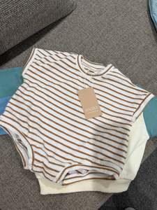 All In Ones: Terry Short Sleeve Romper - Caramel Stripe