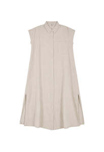 Dresses: Short Sleeve Linen Dress - Sand