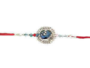 Single Rakhi: Rakhi Blue Peacock White stones