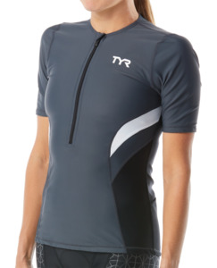 TYR WOMEN'S COMPETITOR SHORT SLEEVE TRI TOP - WHITE/GREY