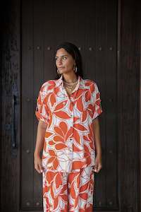 Kaftans Ladies: Red Floating Leaf Scarlett Shirt