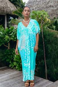 Kaftans Ladies: Aqua Parrot Fish V Neck Kaftan