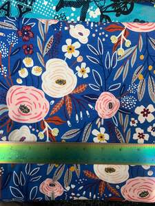 Cotton Lycra: Floral hand drawn on Blue - Cotton Lycra