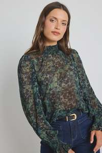 Ivy Jack: Ivy + Jack Emphatic Ditsy Print Shirred Neck LS Top - Khaki