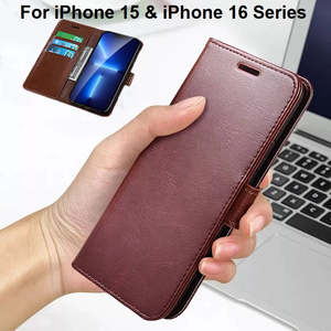 Handphone Accessories: For Apple iPhone 15 & 16 Series Premium PU Leather Full Protection Wallet Flip Cover With Lens Protection