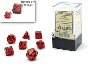 Dice: CHESSEX MINI 7 DIE POLYHEDRAL DICE SET: GLITTER RUBY RED/GOLD