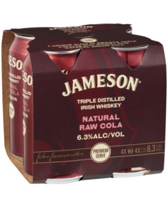 Premixed : Wa: Jameson & Raw Cola 6.3% 375ml 4pk cans - Premixed-Other : Waipu Liquor Centre - Jameson 6.3 4pk cans