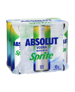 Premixed : Wa: Absolut & Sprite 250ml 6pk cans - Premixed-Vodka : Waipu Liquor Centre - Absolut & Sprite 6pk