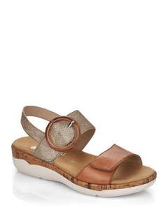 Sandals: Remonte R6853-90 Hayley Tan Metallic Leather Low Wedge Sandal