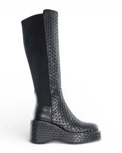 Long Boots: Minx Akira Weave Black Leather Platform Long Boot