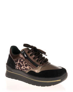 Low Back Sneakers: Plumaflex A40026N Black/Bronze Leather Combination Sneaker