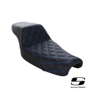 Seats: Saddlemen Step-Up LS Dual Seat With Blue Double Diamond Lattice Stitch. Fits Sportster 2004-2021 With 3.3 Gallon Fuel Tank.