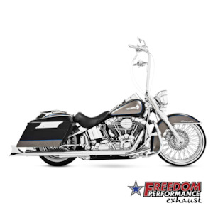 True Dual Systems: Freedom 36in. True Dual SharkTail Exhaust – Chrome. Fits Softail 1997-2017.