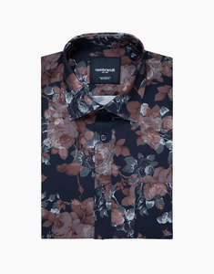 Business Shirts: Rembrandt - Sinatra Shirt - Black/Pink Rose Print