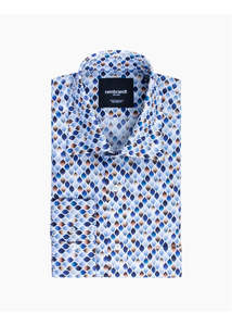 Rembrandt Sinatra Shirts: Rembrandt - Sinatra Shirt - White Blue & Beige Geo