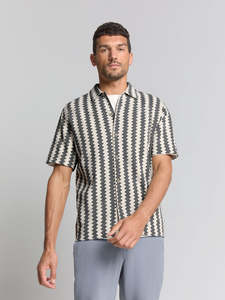 No Excess - Knitted Jersey Short Sleeved Shirt - Off White Stripe