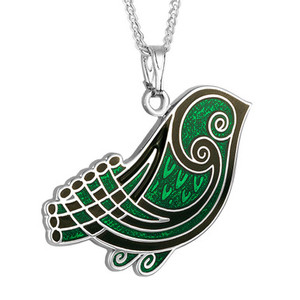 Products: Book of Kells Bird Pendant Rhodium & Green Enamel