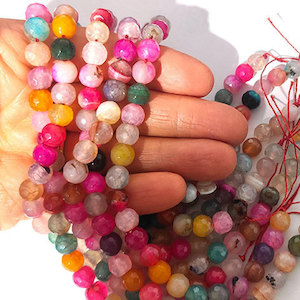 Products: NEW Dyed Agate: 8mm faceted irregular rounds - strand of 48 beads: Pink/Yellow mix