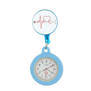 Watches: Retractable Nurses Fob Watch - Light Blue Heart