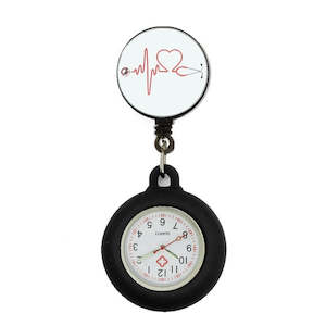 Retractable Nurses Fob Watch - Black Heart Beat