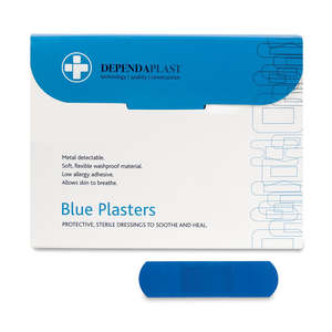 First Aid: Dependaplast - Blue Metal Detectable Washproof Plasters - 7.5cm x 2.5cm - Box of 100