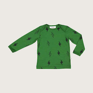 Merino baby long sleeve top moss green with thunderbolt print