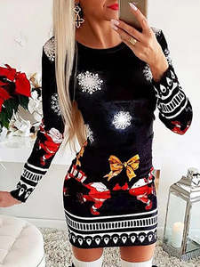 Christmas Costumes: Christmas Santa Claus Print Crew Neck Long Sleeve Dress